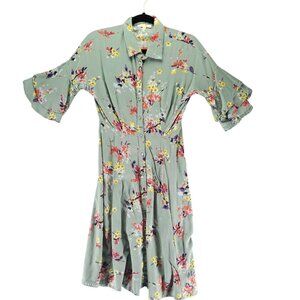 Mimi & Daphne Dress Womens Small Green Floral Button-Up 100% Viscose 3/4 Sleeves